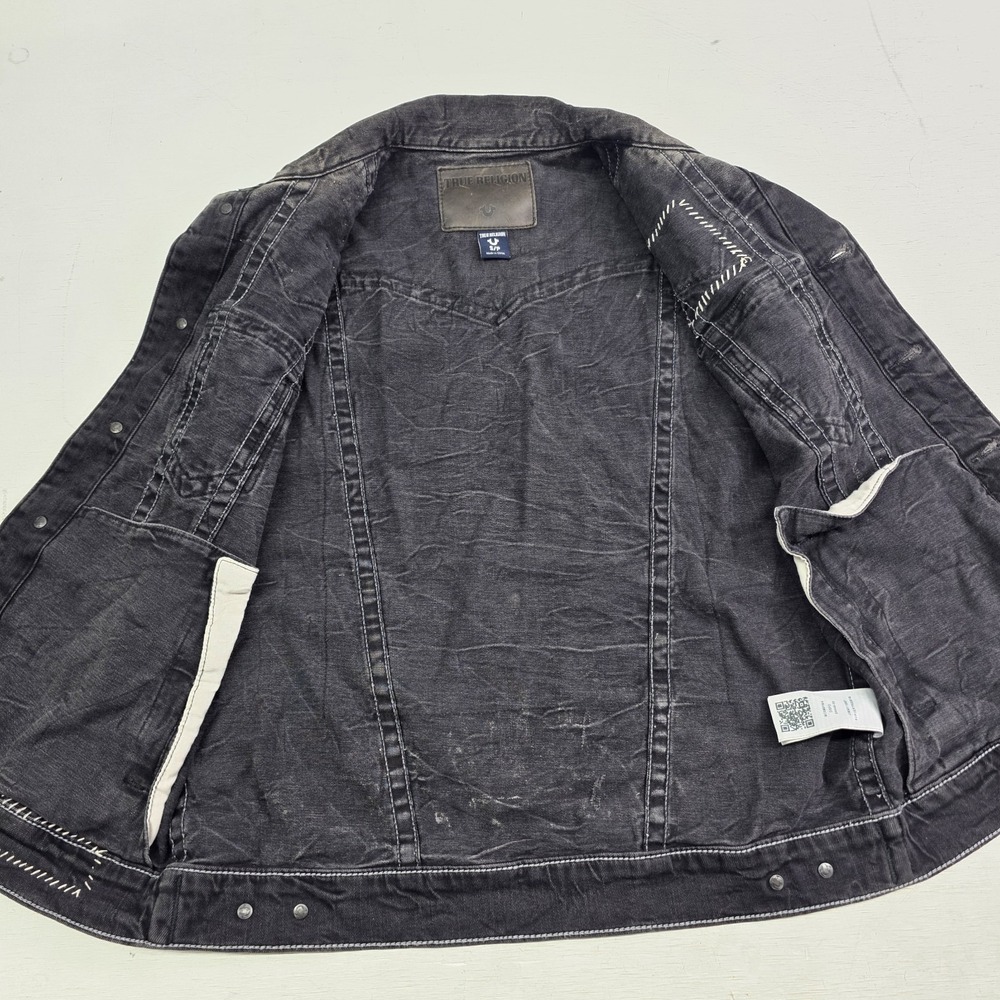 True Religion Distressed Jimmy Western Denim Vest Jacket Black Concrete Men's S - Picture 12 of 16